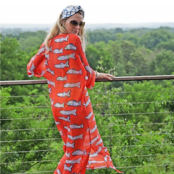 Brooke Wright Red Fish Print Kaftan - Picture 1 of 4